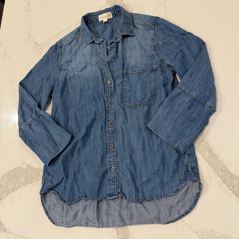 Cloth & Stone x Anthropologie Chambray Button Up Popover Top Women’s Small Blue - Picture 2 of 6